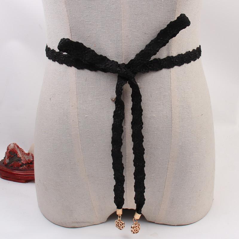 Waist Rope Flower Buckle Thin Lady Belt Black And Blue Skirt Decorative Belt Red Seal Alloy Flower Buckle