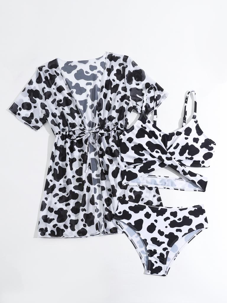 Модный комплект из 3 предметов для девочек, принтованный топ с короткими рукавами, на шнуровке, купальник-накидка, купальный костюм