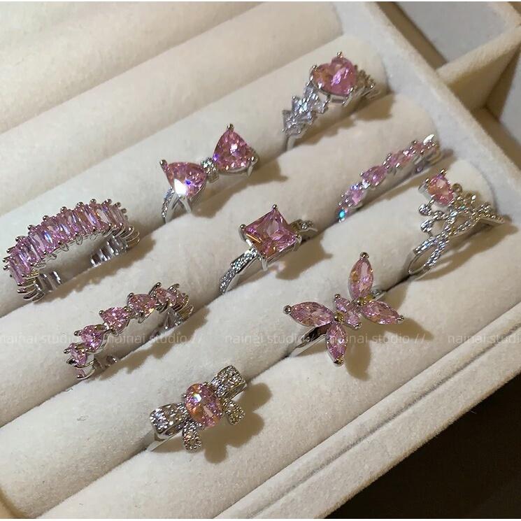iF ME Zircon Silver Ring for Women Opening Sweet Pink Crystal Bow Heart Rings Accessories Jewelry