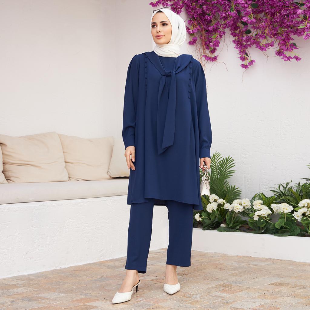 Foulard Collar Women Tunic Pants Double Suit Combine Islamic Muslim Casual Fashion Loose Summer Summer New Season Turkey