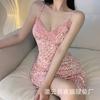 Fun new sexy deep V lace splicing suspender skirt chest pad women's pink slim leopard print print hip wrap