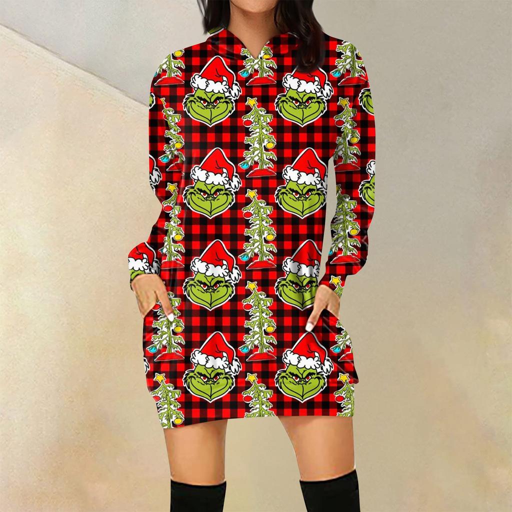 Женская свободная повседневная толстовка с капюшоном и карманом с длинными рукавами с рождественским принтом, длинный топ