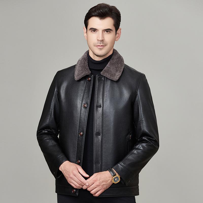 Genuine Leather Jacket for Men with Velvet and Thickened Sheep Fur One-piece Daddy Lapel Leather Jacket