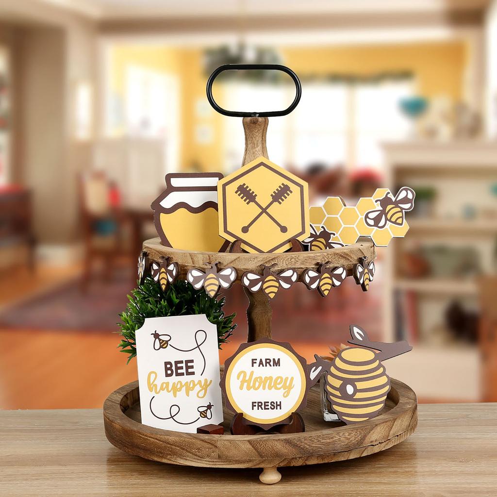 Bee Tiered Tray Decoration Bee Holiday Party Decoration, Tray Sign Spring Summer Table Items For Home Kitchen Table Shelf Decoration