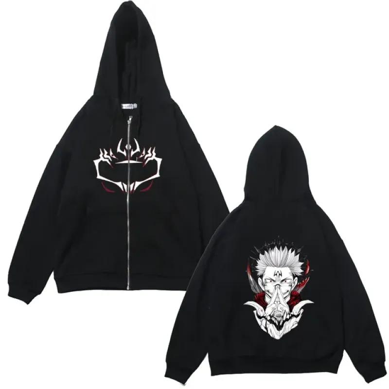 Куртки на молнии в стиле аниме, толстовки с принтом Jujutsu Kaisen, флисовые толстовки с принтом Satoru Gojo, манга, повседневные пальто, уличная одежда, одежда Y2K