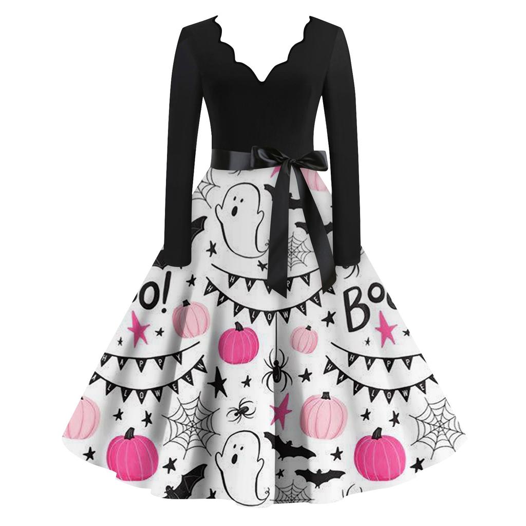 Платье на Хэллоуин для женщин с винтажным принтом и длинным рукавом с v-образным вырезом плюс размер вечерние платья для выпускного вечера