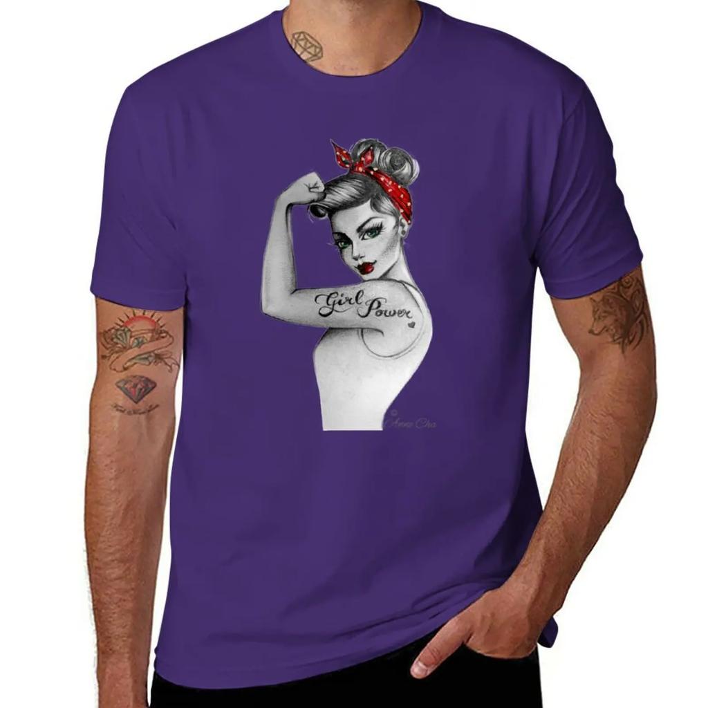 Girl Power by Anne Cha Pin up Modern Rosie the Riveter T-Shirt Short sleeve tee anime black t shirts for men