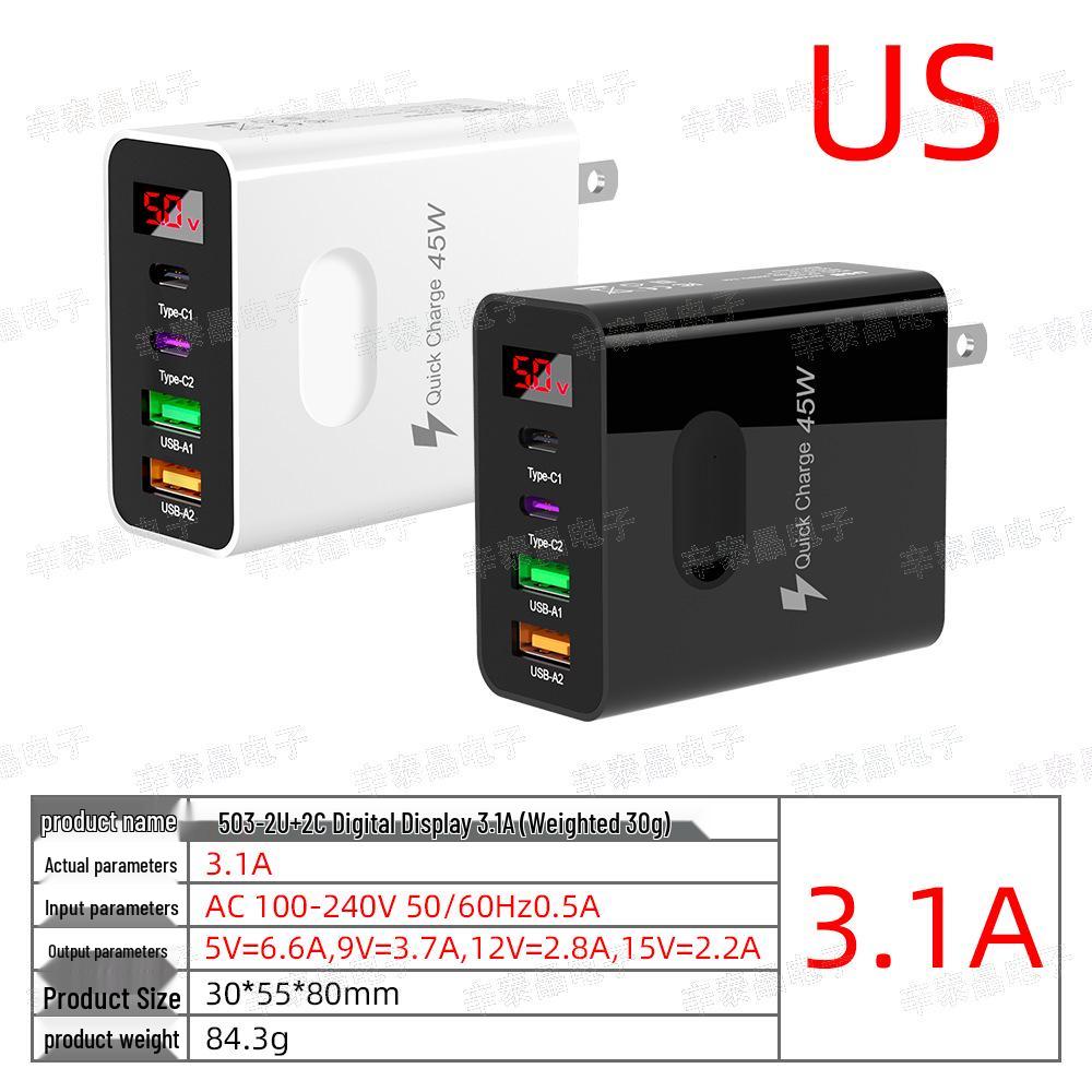 Многопортовая зарядная головка USB с цифровым дисплеем, стандарт EU/UK, 2 порта PD + 2 порта USB-A, мобильное зарядное устройство 3,1 А