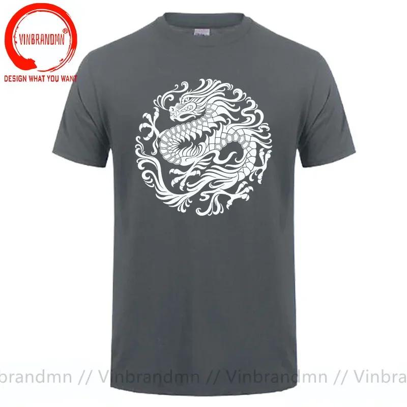 Fitted Tshirt Tops Traditional Red T Shirt Unisex Chinese Dragon Circle Tshirt Clothes Red White Yellow Black Dragon Print Tshirt