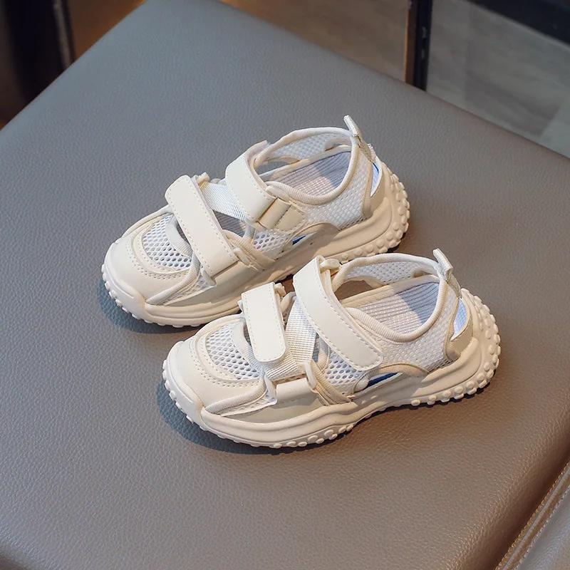 Летние детские спортивные сандалии, модные школьные повседневные сандалии для бега для мальчиков и девочек, сетчатые дышащие детские полусандалии, однотонные