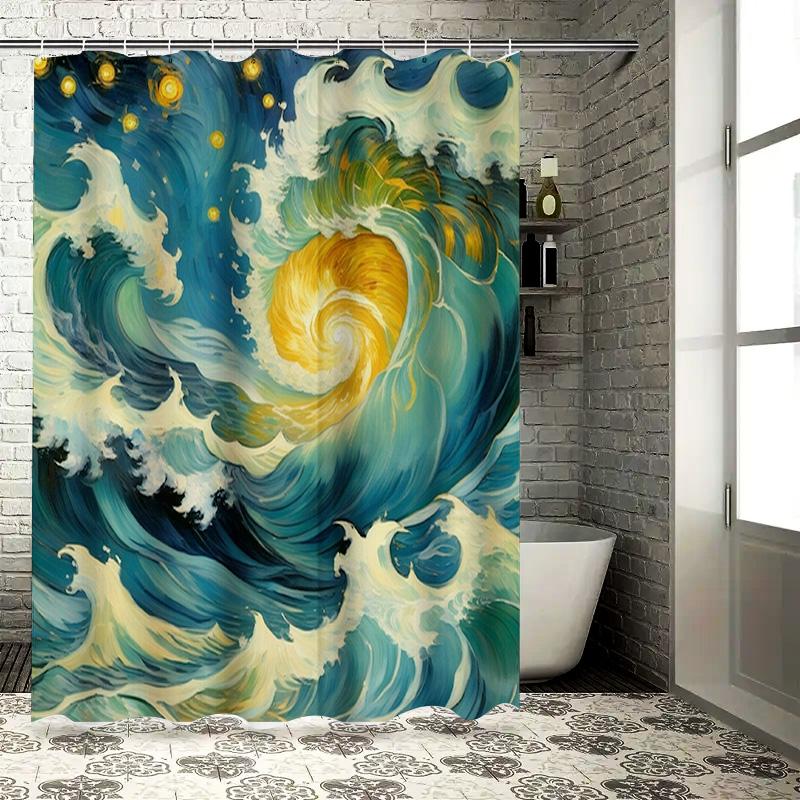 Ocean Wave Shower Curtain Modern Floral Design Waterproof Fabric with Hooks for Bathroom Decor