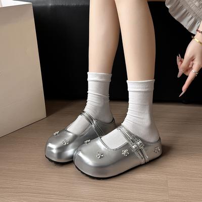 Весна 2025 Модные Простые Бриллиантовые Цветы Головной Убор Полу-Слипоны Плоская Подошва Круглый Носок Женская Повседневная Обувь