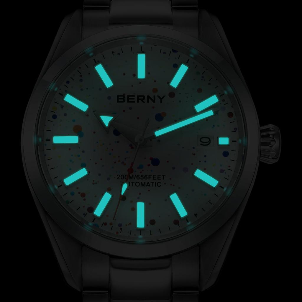 BERNY Автоматические 200М Водонепроницаемые Супер Люминесцентные Полностью из Нержавеющей Стали Аналоговые Сапфировое Стекло Календарь Включен Мужские Часы, Водонепроницаемые, Серебристые, Стальные, Часы, Кристалл,