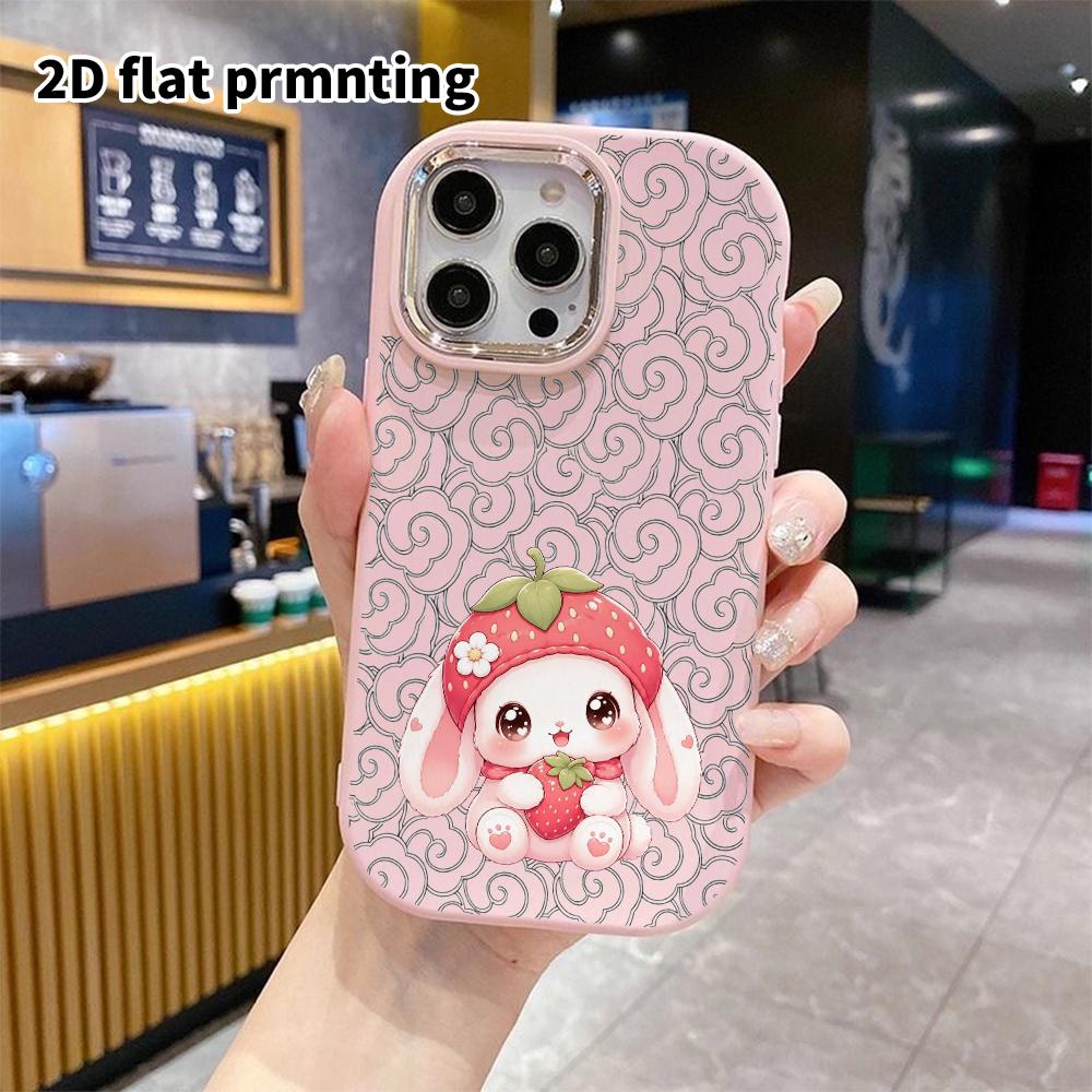 Phone Case: 2D flat design suitable for iPhone 18, 17, 16, 15, 14, 13 Pro protective case, couple style, strawberry hat floppy-eared rabbit, Christmas