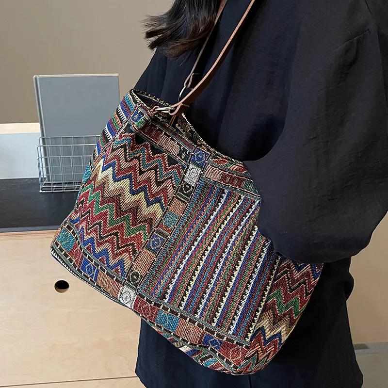 WTEMPO Этнический стиль Большие вместительные холщовые сумки Повседневные универсальные сумки через плечо Женские сумки для поездок на работу с принтом