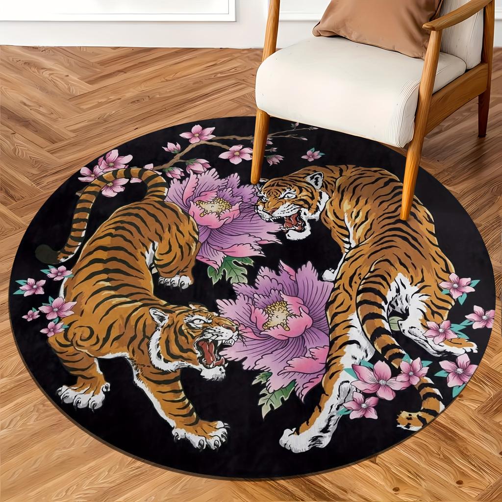 1PcscTiger Print Круглый коврик для дома Нескользящий моющийся волоконный ковер Мягкий удобный коврик для спальни гостиной