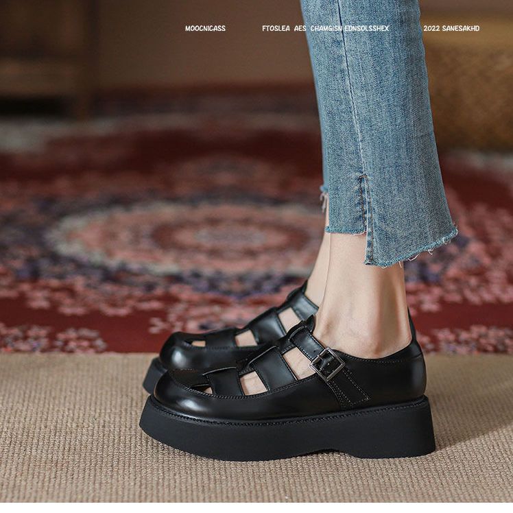 Тканые полые римские сандалии, женские туфли с ремешком в клетку, обувь с большим носком, Mori Department, британские ретро одиночные туфли, повседневная дышащая толстая подошва