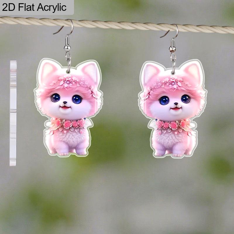 2D Flat Pink Cat Earrings Cute Cat Pattern Acrylic Dangling Earrings Pet Lover Accessories Gift