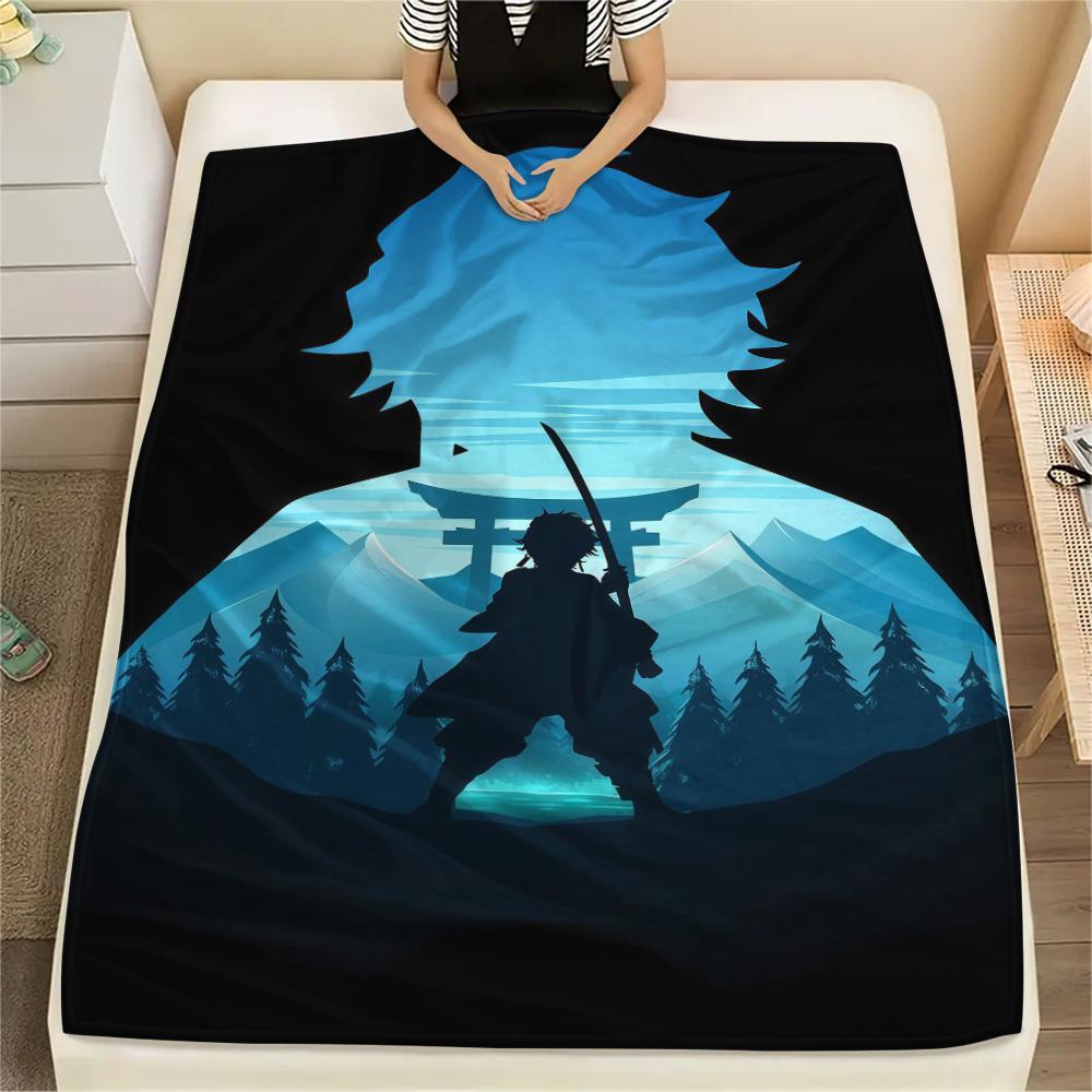 1PC Demon Slayer Black Patterned Flannel Blanket Suitable For All Seasons For Home Decor Warmth And Comfort Gifts Holiday Present