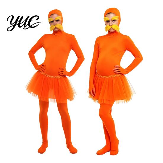 Full Coverage Suits Orange Bodysuit, with Tulle Skirt, Fake Belly, Yellow Mustache & Eyebrows, Halloween Party Jumpsuits Open Face Zentai Suit,