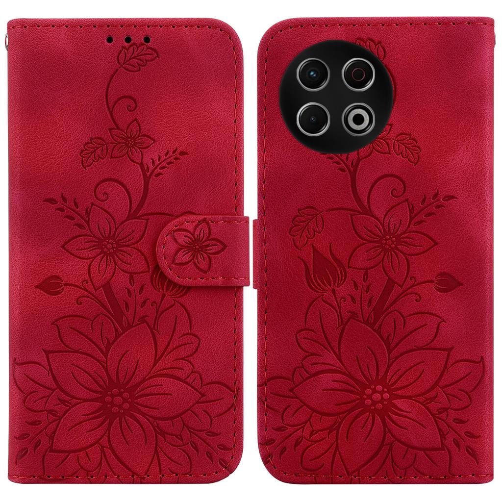 For TECNO Spark 30 Pro 4G Stand Case Lily Flower Imprint Leather Phone Cover with Wrist Strap