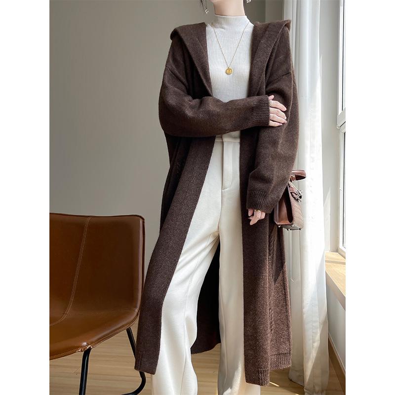 Women's Hooded Wool Cardigan - 2024 Autumn Mid-Length Lazy Style Knit Sweater Coat