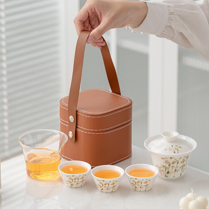 Business gift cover bowl small set travel tea set car express cup one pot three cups portable souvenir