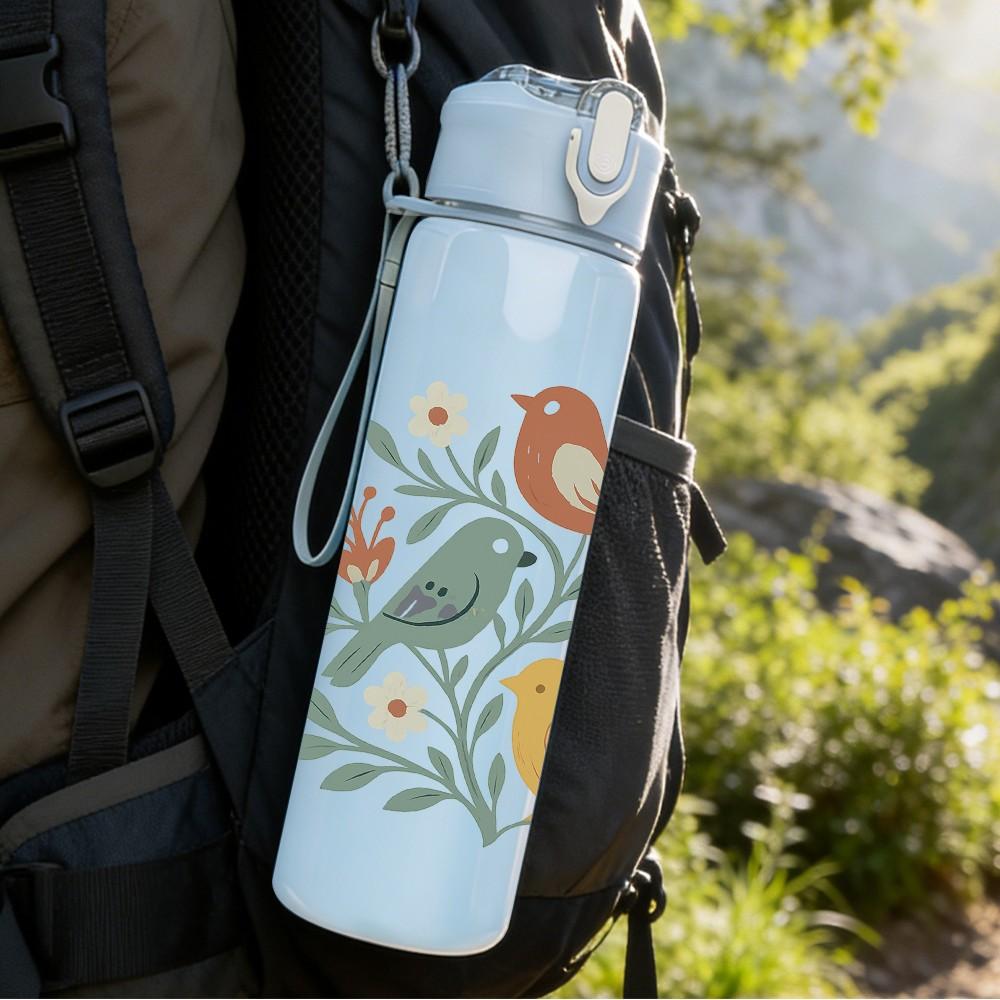 1PC Twin Floral Songbirds 750ml Color Plastic Sports Water Bottle Leakproof Flip Straw Lid Suitable for Sports Office Home Use