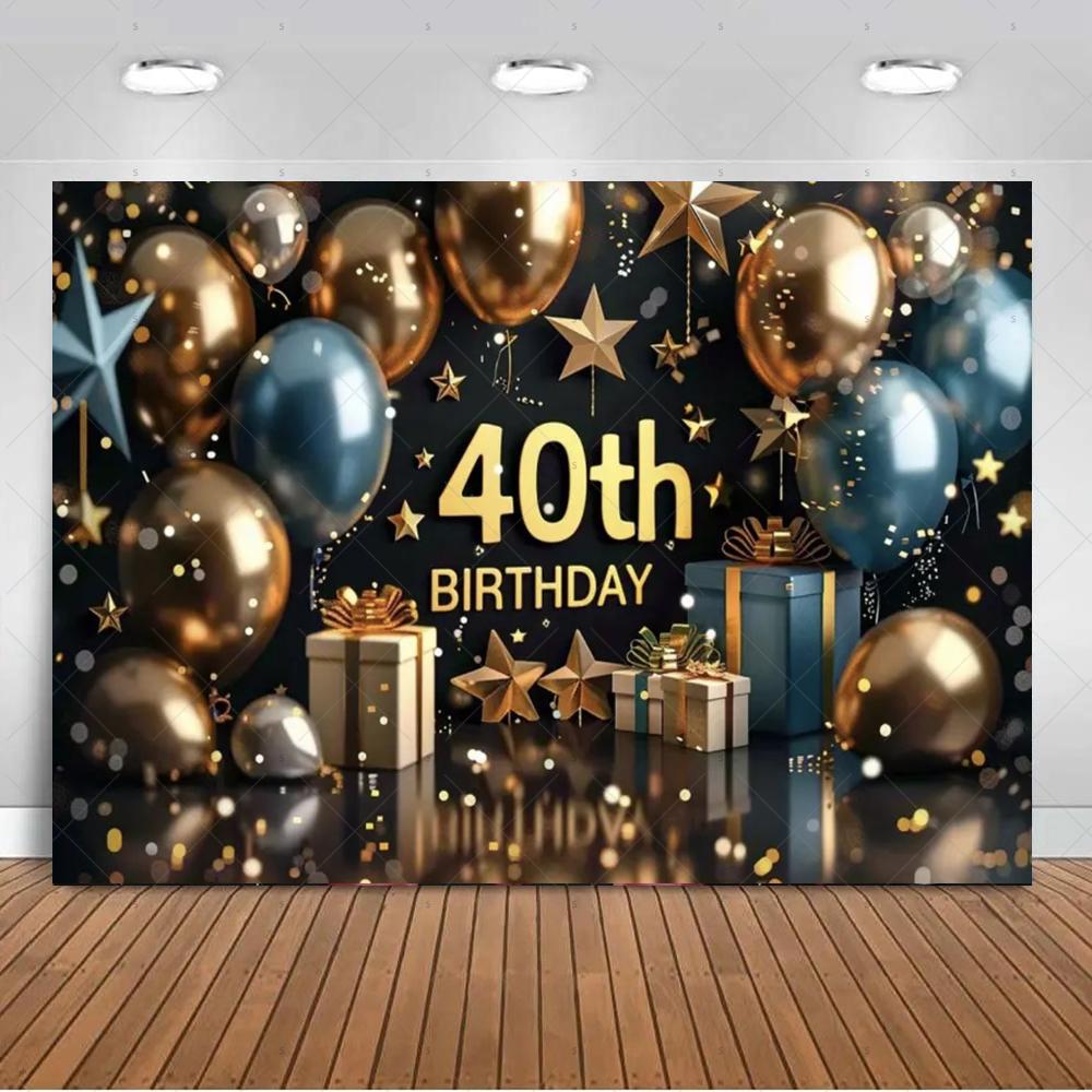 40th birthday party decorations, backdrop, black and gold theme, balloon banner, photo studio props48