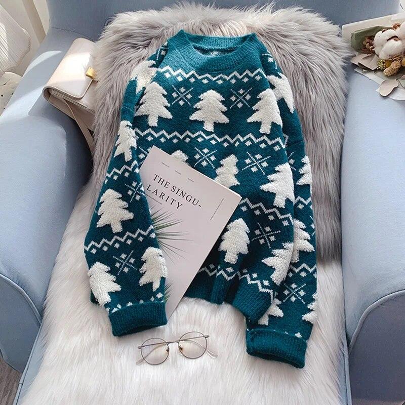 Рождественская елка свитера круглый вырез женские трикотажные пуловеры винтажные свободные джемперы фестивальные топы с длинным рукавом женские джемперы