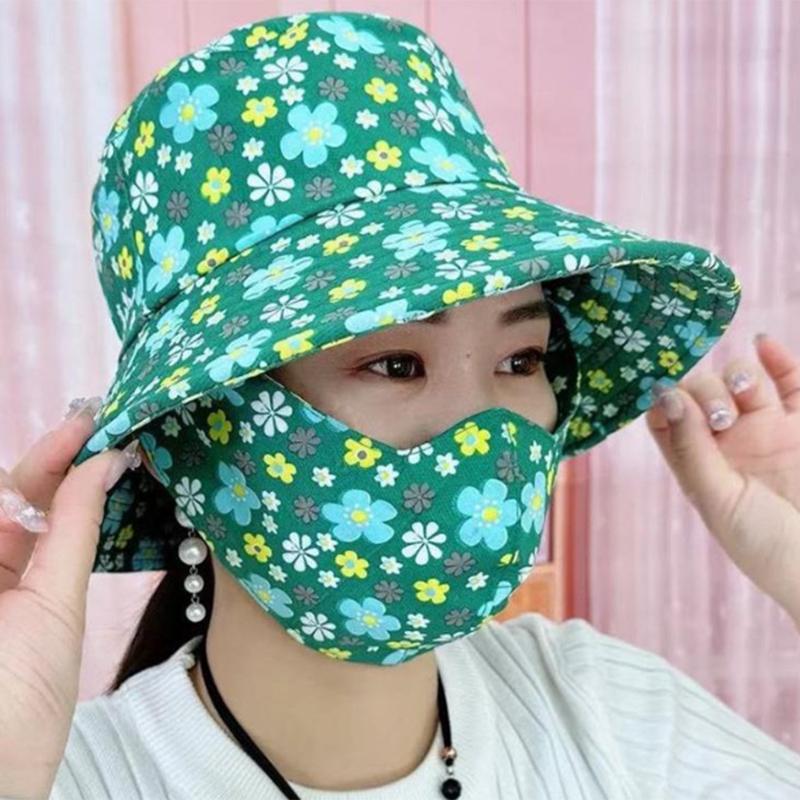 Summer Women Outdoor Print Fisherman Hat Uv Protection Wide Brim Garden Work Shade Hat Breathable Mask Integrated Cap