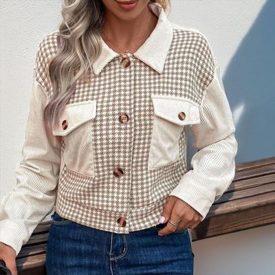 Осень-весна Женское пальто Клетчатый кардиган с застежкой на пуговицы Длинные рукава Нагрудные карманы Отложной воротник Кардиган Повседневная куртка для поездок на работу
