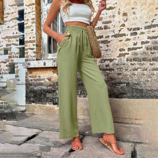 Женские повседневные брюки, эластичные длинные брюки с высокой талией на шнурке, прямые широкие брюки, однотонные тонкие летние брюки, уличная одежда