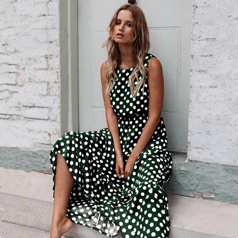 Summer Sexy O Neck Sleeveless Boho Polka Dot Print Maxi Dress New Casual Ladies Party Long Dress