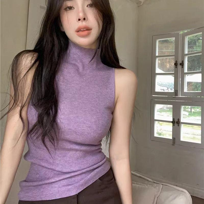 Sexy Hot Girl High Vest Women's Summer Slim Elastic Inner Wear Turtleneck Sleeveless Knitted Base Layer Sweater