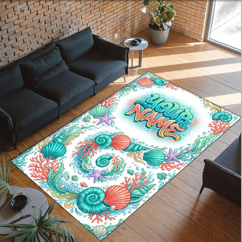 Mermaid Theme Crystal Velvet Floor Rug Personalized Custom Name Text Warm Carpet Home Decoration