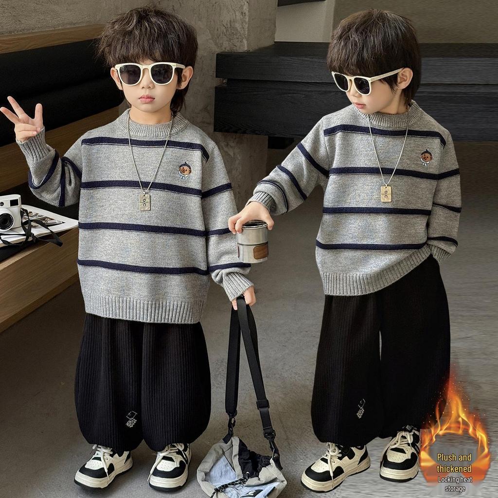 Boys' Striped Wool Crew Neck Sweater - Thick, Warm & Stylish for Autumn/Winter