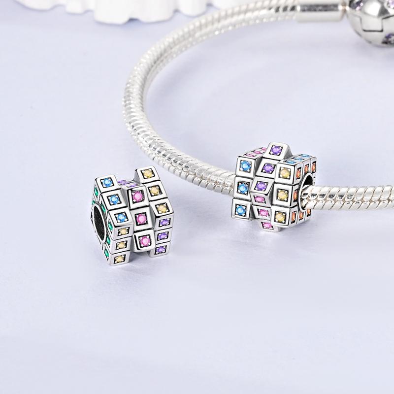 Оригинальная бусина-шарм из стерлингового серебра 925 пробы, вращающаяся, разноцветный кубик Рубика, подходит для оригинального браслета, для женщин, DIY украшение, подарок