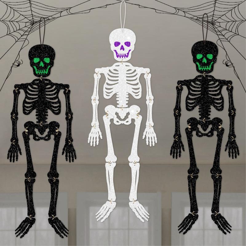 4 Pcs Halloween Skeleton Decorations, Hanging Skeletons, Glitter,Car Rearview mirror hanging ornament