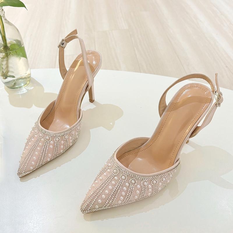 Fashion Design Crystal Pearl Pointed Toe Slingback Heels Elegant Wedding Party Shoes Fashion Back Buckle Strap Women Pumps