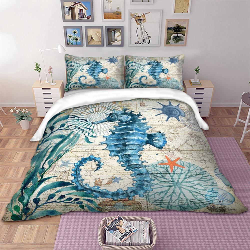 3D Seahorse Duvet Sets Free Shipping Marine Mediterranean Style Bedding Set Teal Ocean Comforter Cover Kid Double Bed Set