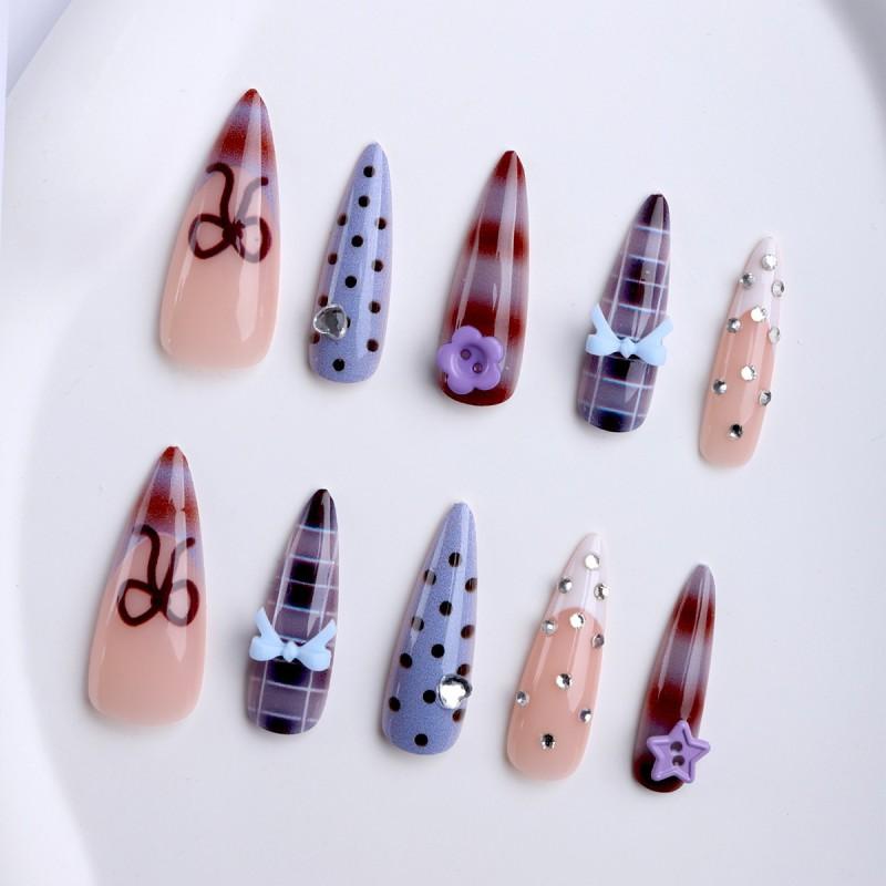 Long Wearable Press-On Nails With Blue Polka Dot Ballet Design Floral Women
