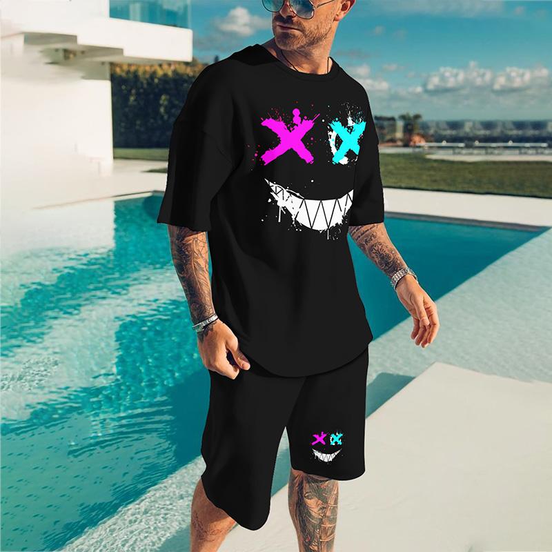 Мужской костюм, летний повседневный дышащий освежающий костюм с принтом 3D Evil Face, большой мужской свободный топ, модный с короткими рукавами