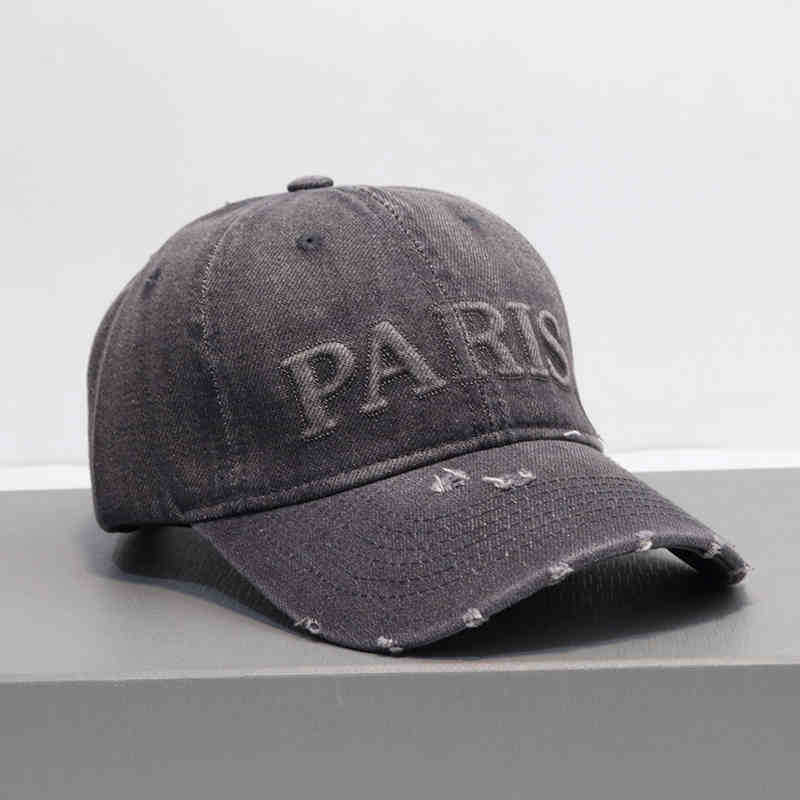 Retro old denim baseball cap autumn and winter letter ripped cap unisex wide brim shade