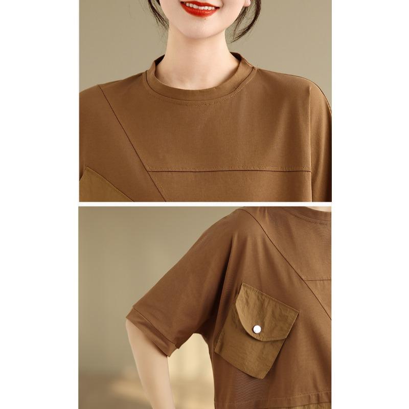 DIMANAF 2025 New Summer Plus Size T-Shirt Women Short Sleeve Solid O-Neck Vintage Loose Tops Tees Maxi