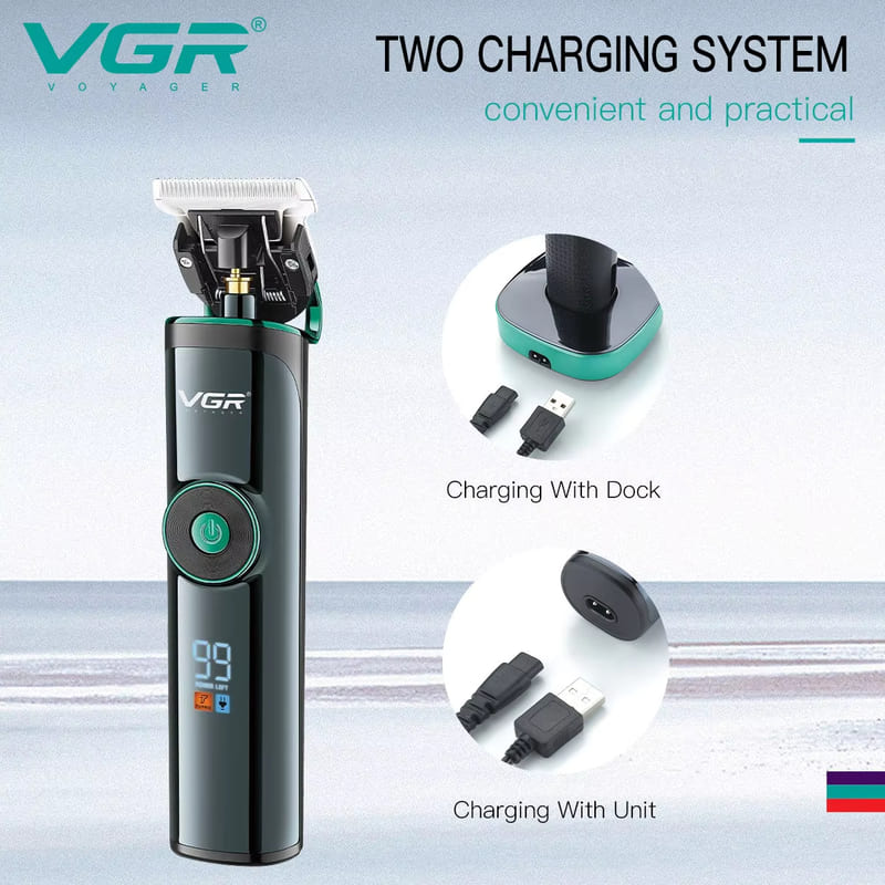 VGR 671 Профессиональная мужская электрическая машинка для стрижки волос с лезвием из нержавеющей стали и базой для зарядки с длительным сроком службы, мощная машинка для бритья, ЖК-дисплей