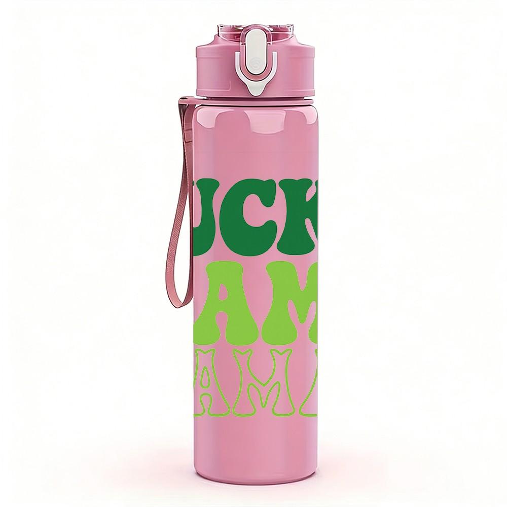 1PC Lucky Mama Green Letter Print 750ml Color Plastic Sports Water Bottle Leakproof Flip Straw Lid Suitable for Sports Office Home Use