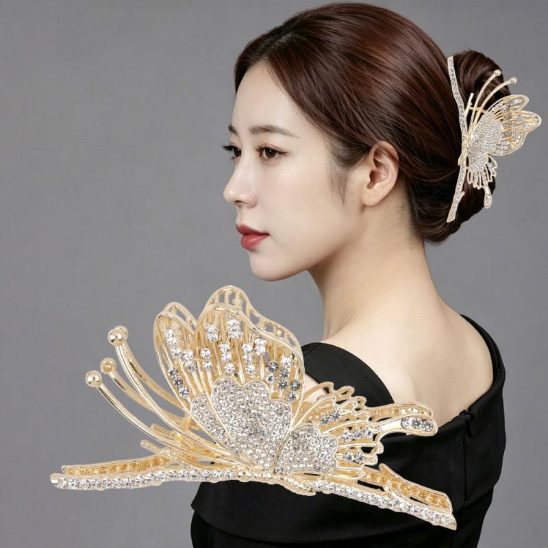 Elegant Butterfly Hair Claw Clip Women Zinc Alloy Water Rhinestone Decorative Accessory Thick Updo Styling