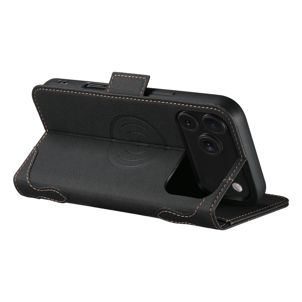 SUTENI J07 For iPhone 17 Pro Max Case Compatible with MagSafe Litchi Texture Leather Wallet Phone Cover