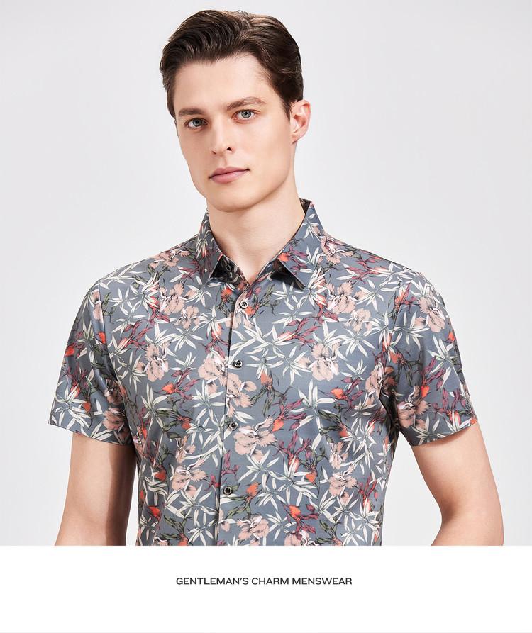 [Fashionable casual print] Short sleeved shirt with mulberry silk and linen for men in summer, skin friendly and breathable half sleeved shirt